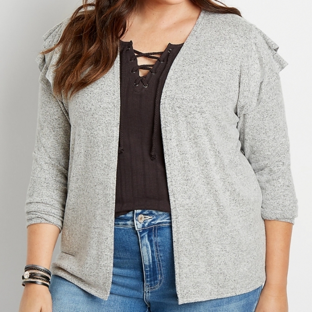 Maurices Romantic Sweet Girly Gray Ruffle Shoulder Open Front Cardigan size 1X